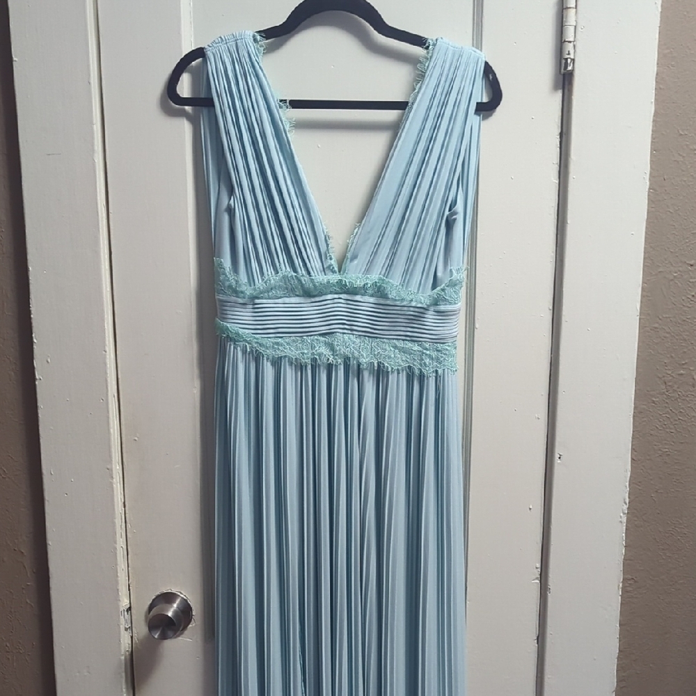 ASOS Pale Blue Pleated Maxi Dress with Lace Trim